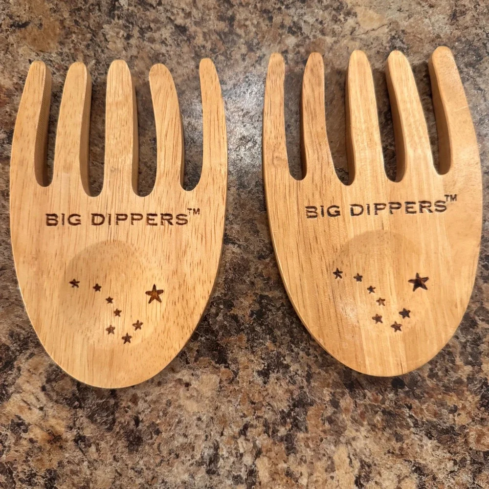 Big Dippers Wooden Salad Hands Servers Constellation Engraved Set of 2 Brown